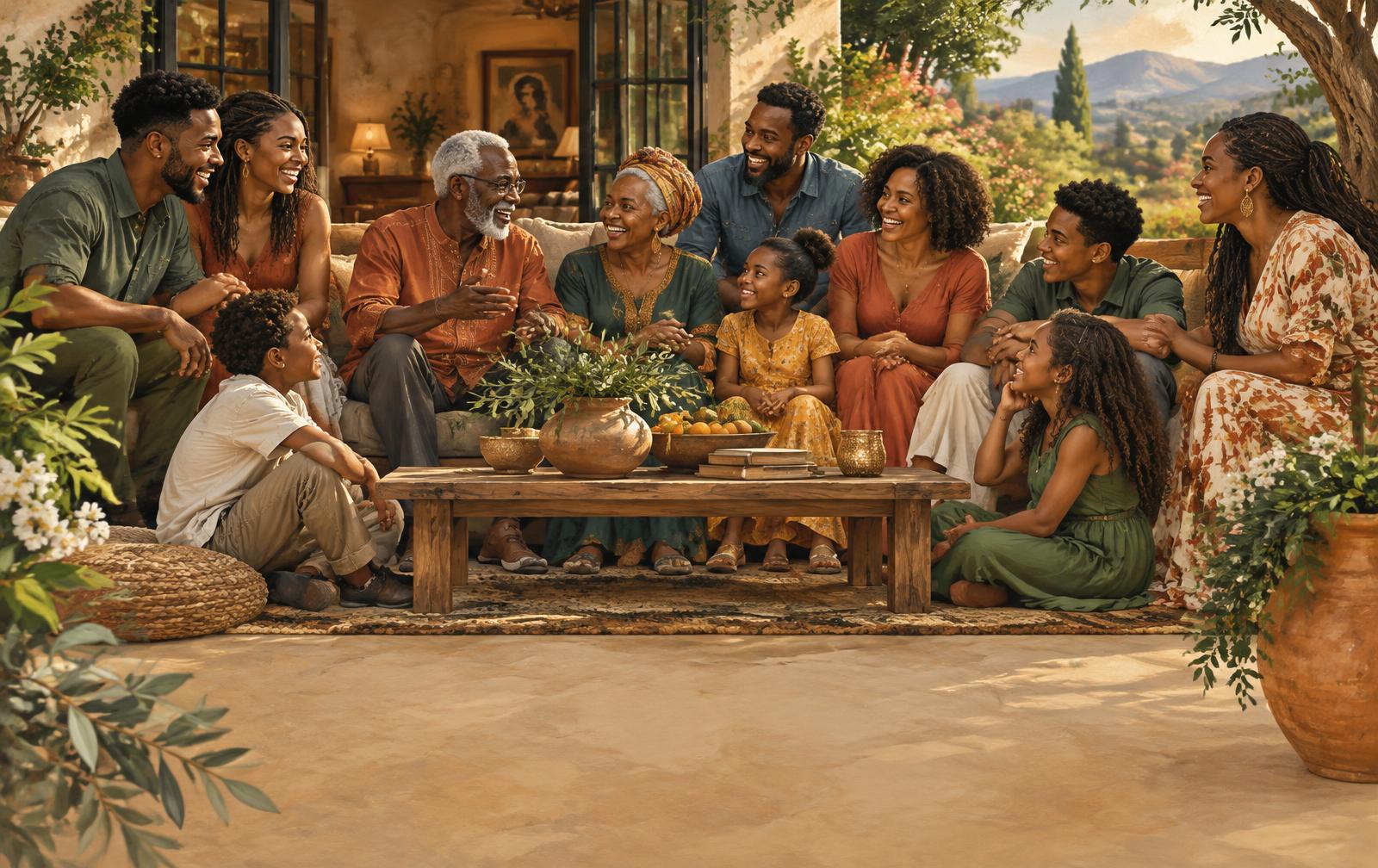 Original editorial artwork of a multigenerational Black family sharing stories and laughter together on a garden patio